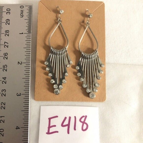 Open Teardrop Bar Rhinestone Silver Tone Pierced Dangle Earrings - Picture 3 of 4